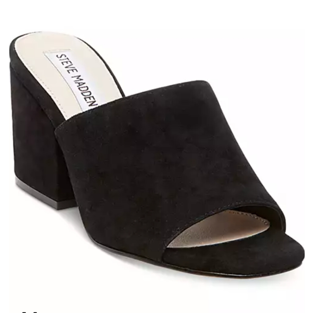 Steve Madden Dalis Block Heel Dress Sandals Mules, Black Suede, size 8
